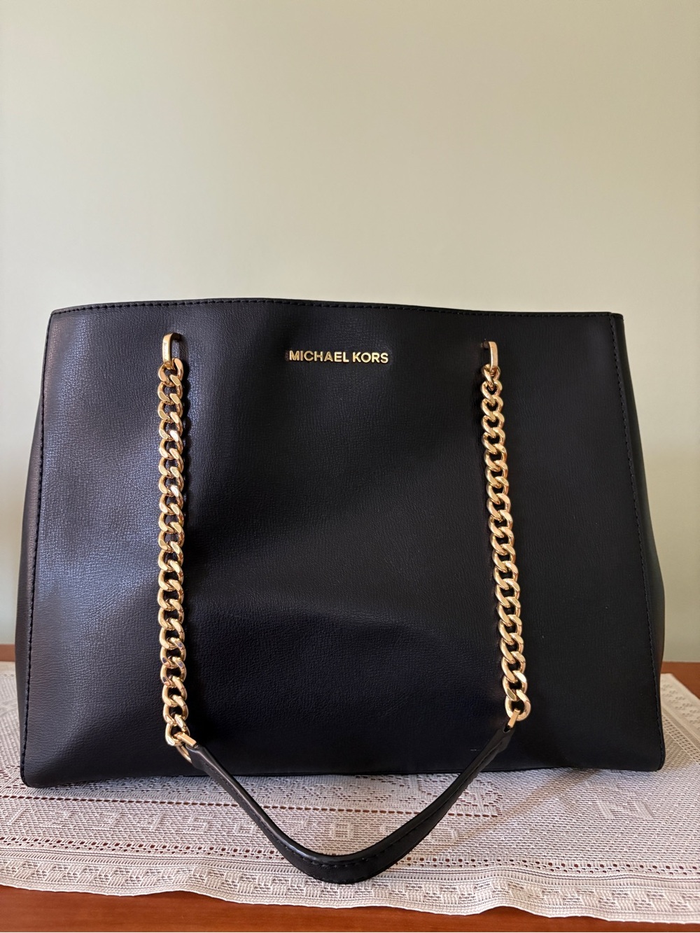 Michael Kors Black Leather Ellis Tote with Gold Chain Straps